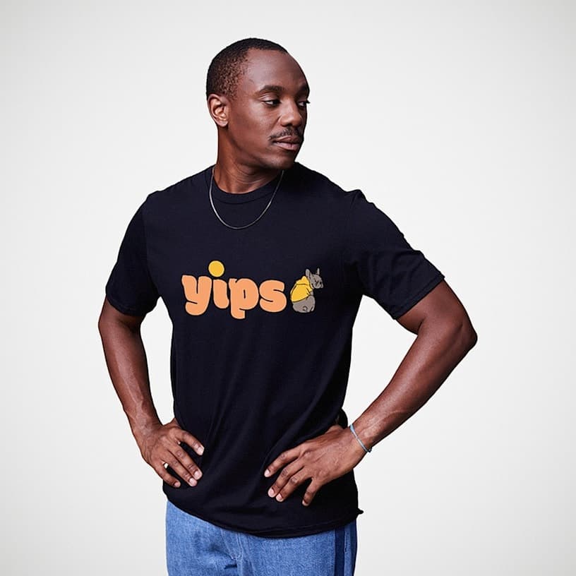 Voqado Custom T-shirts: Navy T shirt with an example front print, shown on a model