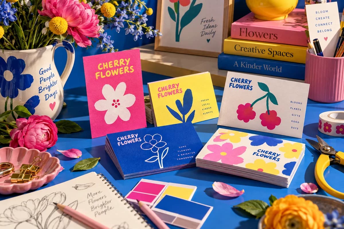 Distinct business cards customized to the featured fictional trade with memorable graphic motifs, with electric blue, hot pink, lemon yellow artwork for a fictional fresh flower shop.