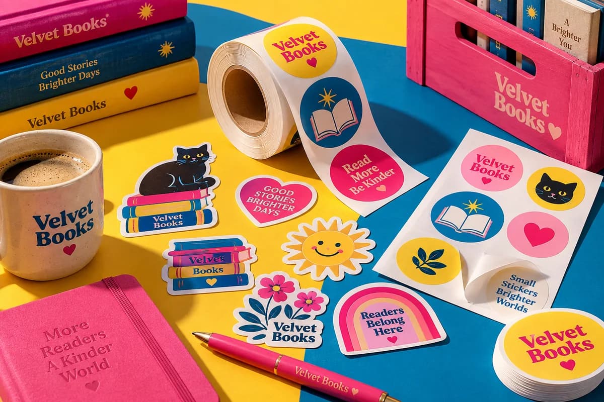 Bright die cut stickers, a partially peeled sticker sheet and a label roll with playful graphic motifs, with sunshine yellow, peacock blue, raspberry pink artwork for a fictional independent bookstore.
