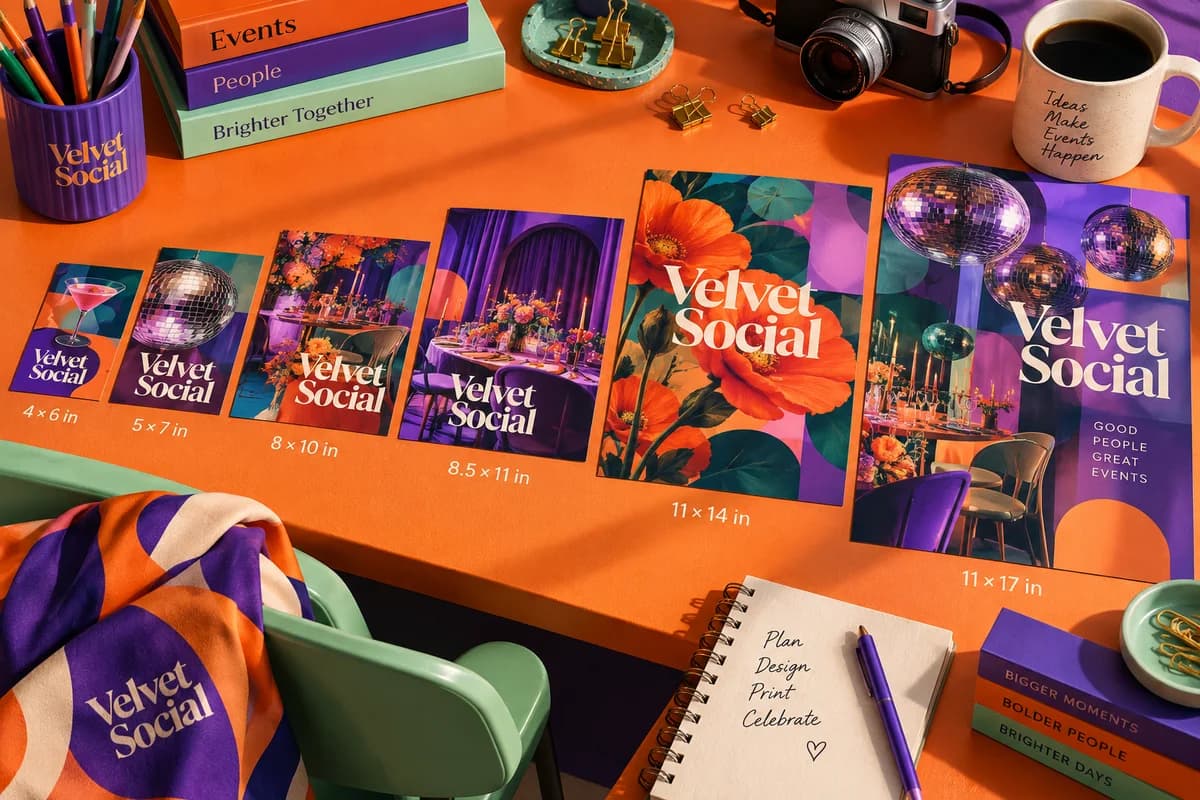 Printed flyers or folded brochures with bold graphic artwork, expressive large typography and tactile paper edges, with tangerine orange, royal purple, mint green artwork for a fictional event planning business.